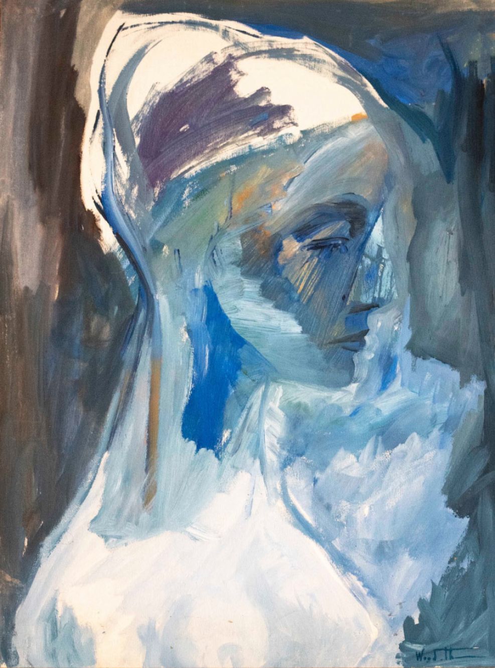 Annabelle by Alan Wood-Thomas, a portrait painting featuring a woman rendered in layered blue, white, and gray tones with expressive brushwork
