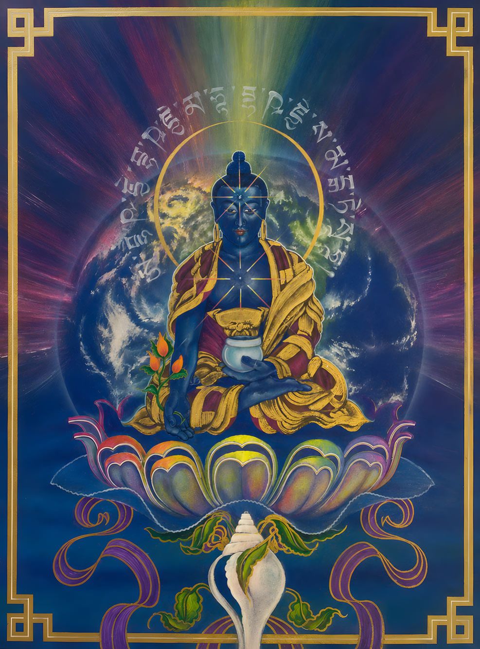 Lotus Offering by Matel, a painting featuring Buddha seated on a lotus with symbolic script and radiant spiritual light
